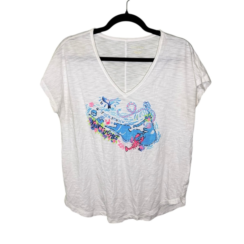 Lilly Pulitzer Short Sleeve V Neck Loves Nantucket Colie Top in White Small S